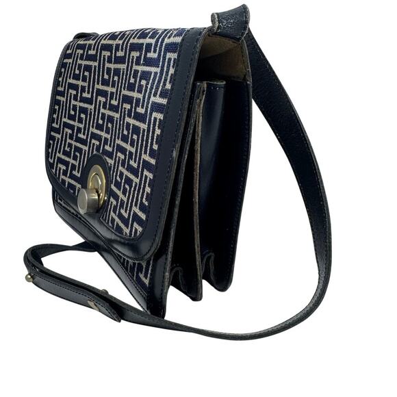 Balmain Vintage Monogram Canvas & Leather Crossbody Bag Navy Gold Hardware - Picture 4 of 14